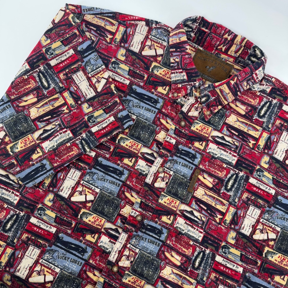 North River Button Down Shirt Mens L Multi Color Fishing Lure Print Cotton AOP